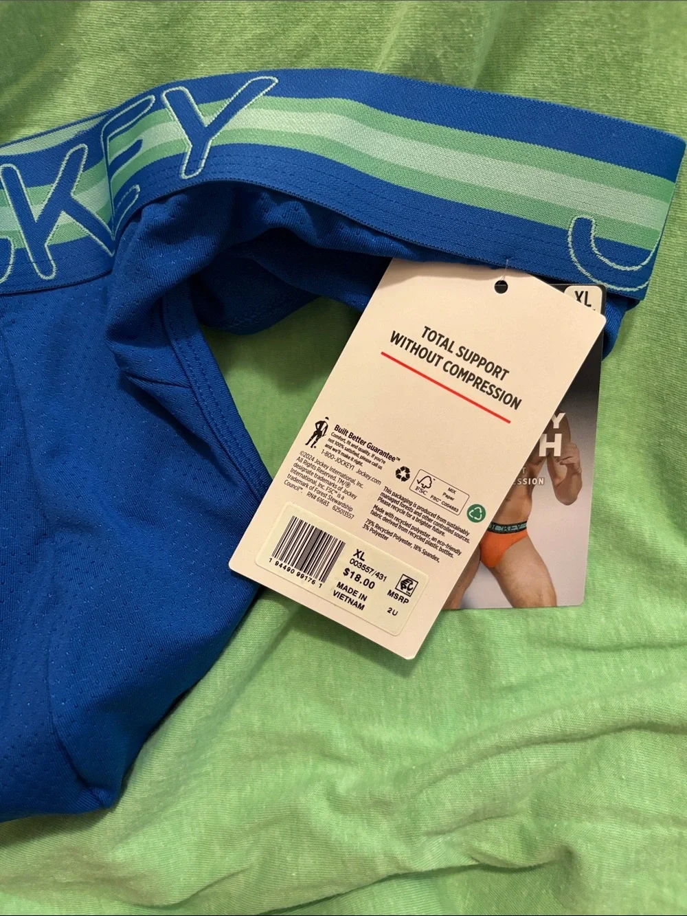 Jockey Blue Men's Thong with Green & White Striped Waistband